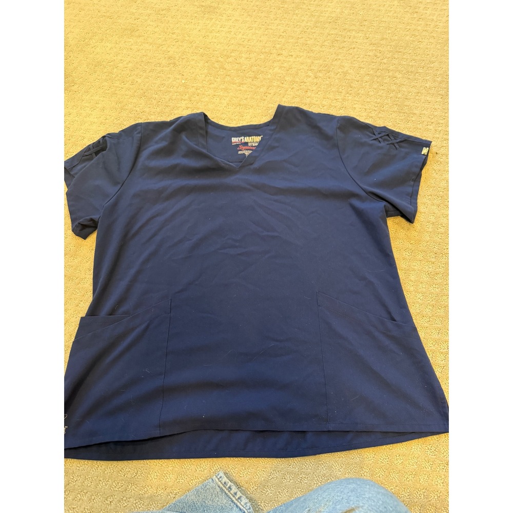 Greys Anatomy Signature Women Navy Blue Scrub Top‎ V Neck Short Sleeve Size 2XL